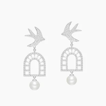 

SLJELY Luxury Brand S925 Sterling Silver Swallow Flower Corridor Drop Earrings Inlay Full Cubic Zirconia Fashion Women Jewelry