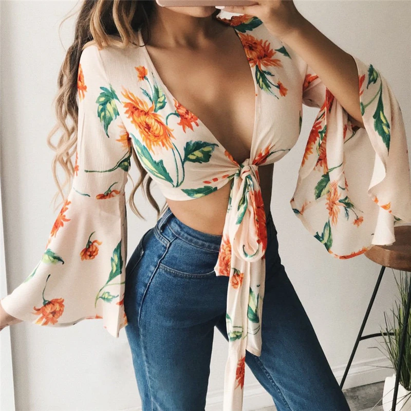 

Women Blouse Long Sleeve Shirt Ladies Flower Printed Tops Office Lady Shirt Femme Fashion V Neck Chiffon Blouses Female Clothing