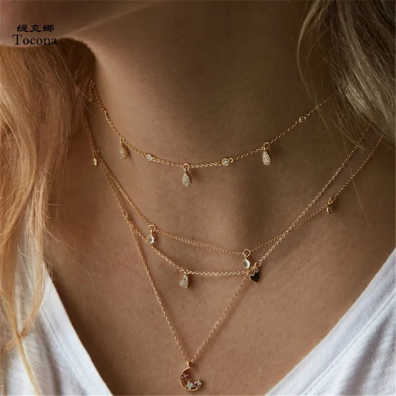 

Tocona Bohemian Antique Gold Moon WaterDrop Pendant Chokers Necklaces Multi Layer Necklace Collar for Women Jewelry 3378