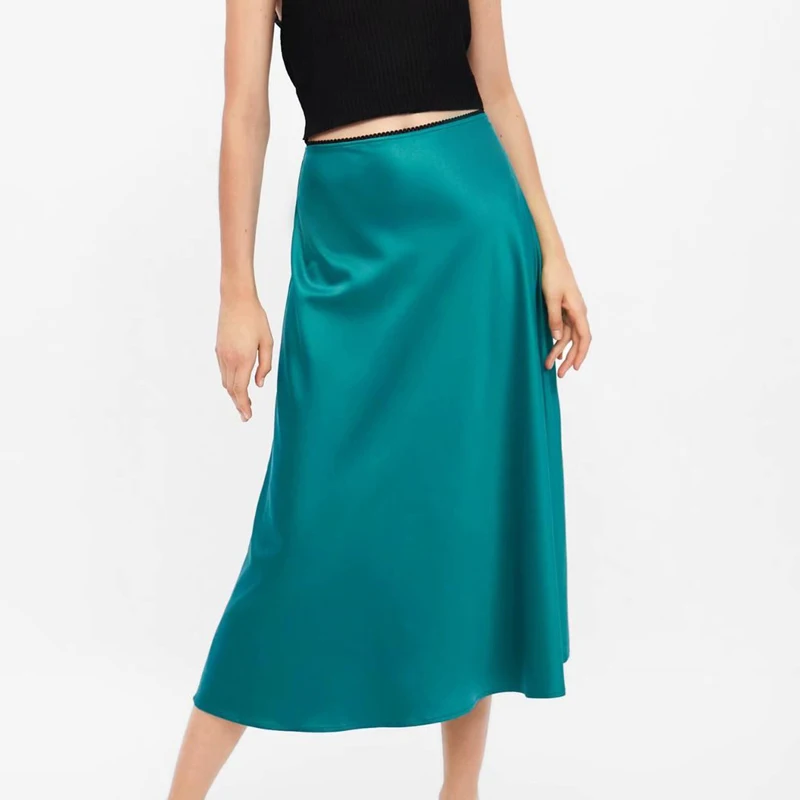 

2019 Chic Elegant Silk Slip Midi Skirt High Waist Womens Skirts With Lace Trim Summer Maxi Long Satin Skirt For Women