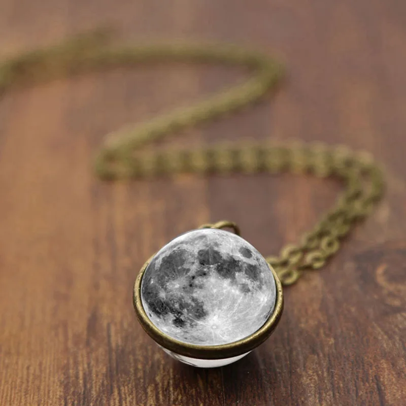 

Fashion Women Men Double-sided Grey Full Moon crescent Glass Ball Pendant Necklace Jewelry