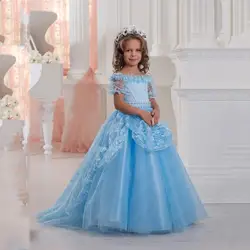 Великолепный синий Кружевные Платья с цветочным узором для девочек бальное платье Дети выпускного Платья для вечеринок платье для первого