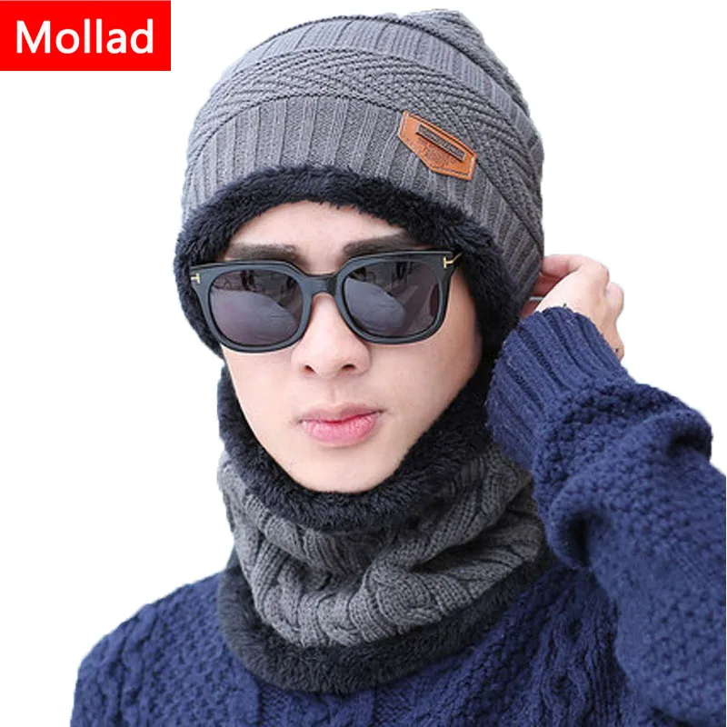 

Mollad 2019 Winter Men's Cap Korean men's Woolen Hat Scarf set Knit Hood Winter Cap