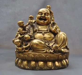 

wedding decoration 10"Chinese buddhism Temple brass Lucky 5 boy happy laugh Maitreya Buddha statue