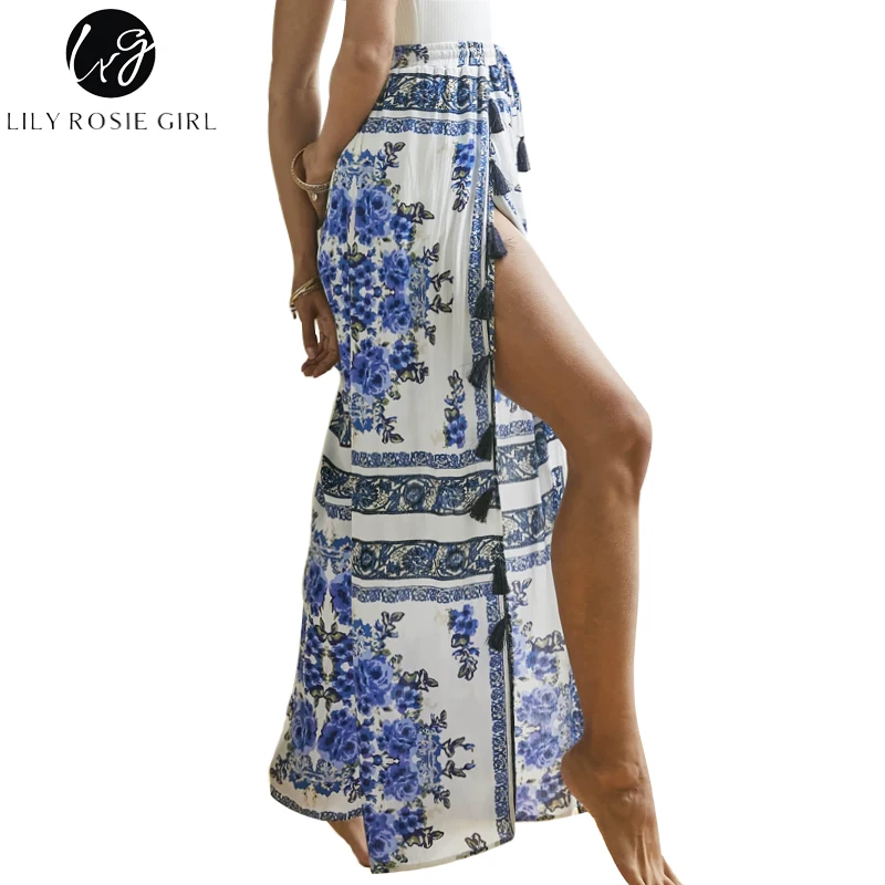 Lily Rosie fille gland Split femmes pantalons longs 2018 été Boho imprimer taille haute décontractée pantalon plage lâche Vintage femme pantalon