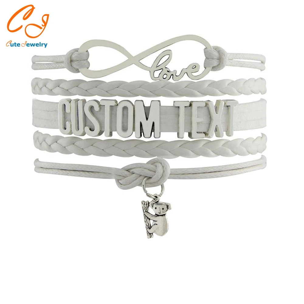 

New Fashion Jewelry Infinity Bracelet Custom Text color Leather Cord Wrap Bangle animal Koala girl Christmas Gift Drop Shipping