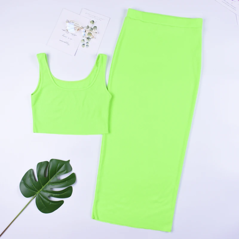 Hugcitar  spaghetti straps crop tops skirt 2 pieces sets 2019 summer women neon green solid party streetwear female slim elegant