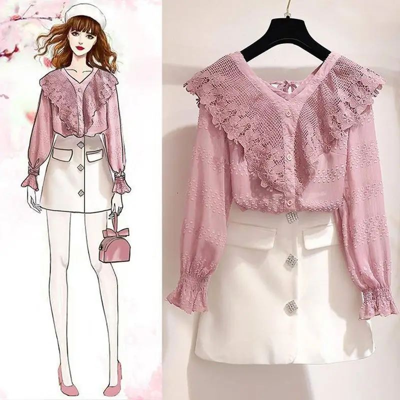 

Spring Women Fashion 2 Two Piece Set Female Single Breasted Lace Blouse + Skirt Sets Ensemble Femme Vintage Slim Tracksuit F157
