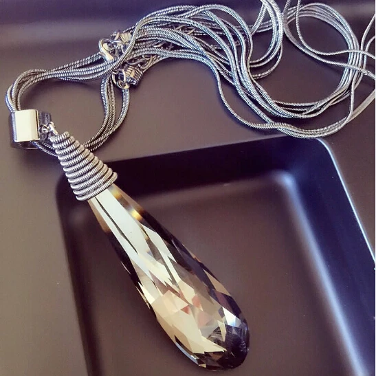 

New Arrival Unique Transparent Crystal Water Drop Pendant Long Necklace Gun Black Plated Sweater Chain 74cm