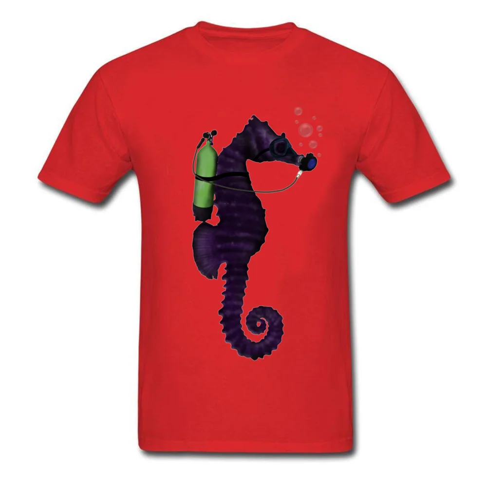 SCUBA SEAHORSE 100% Cotton Tshirts for Men Short Sleeve Funny Tops T Shirt Cheap VALENTINE DAY Crew Neck Tops Shirts Design SCUBA SEAHORSE red