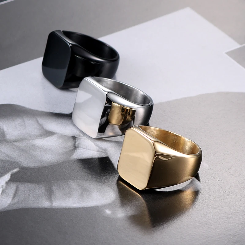 Olowu, мужские кольца в стиле панк, ширина квадрата, гладкие кольца-печатки, модные, черные, серебряные, золотые, кольцо на палец, нержавеющая сталь, Винтажные Ювелирные Изделия