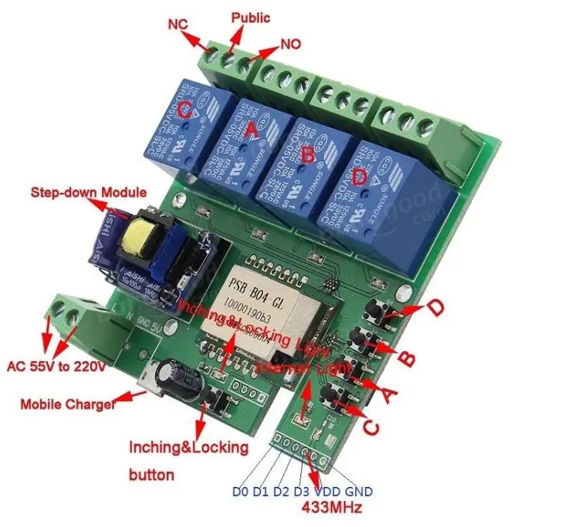 Смарт-переключатель Ewelink DC5V/DC 7 V-32 V/AC 90 V-250 V 4 канала блокировка/инчинг/самоблокирующийся wifi+ RF 4C для DIY умного дома