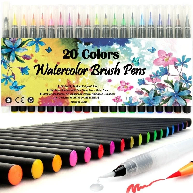 

20 Colors Watercolor Brush Pens Drawing Painting Marker Dual Tip Art Marker