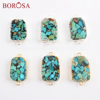 

BOROSA 5PCS Gold/Silver Plated Copper Turquoises Connector Natural Gems Stone Double Charms for Necklace Jewelry G1697