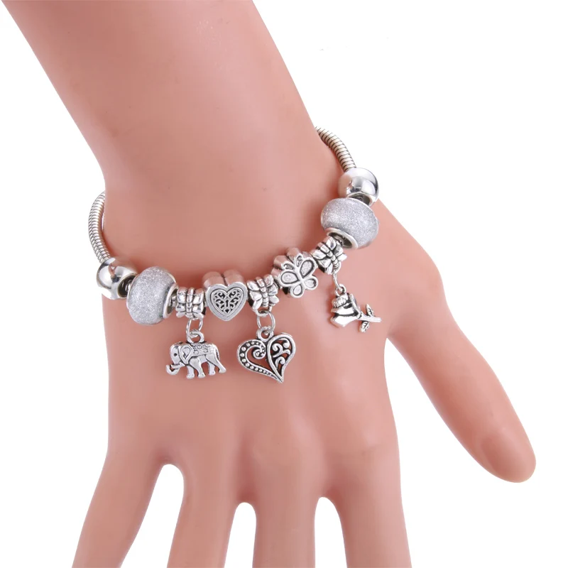 Charm Bangle Lobster Buckle Snake Chain Jewelry Elephant Flower Beaded Bangles For Women Summer Bracelet LOVE Romantic Gift