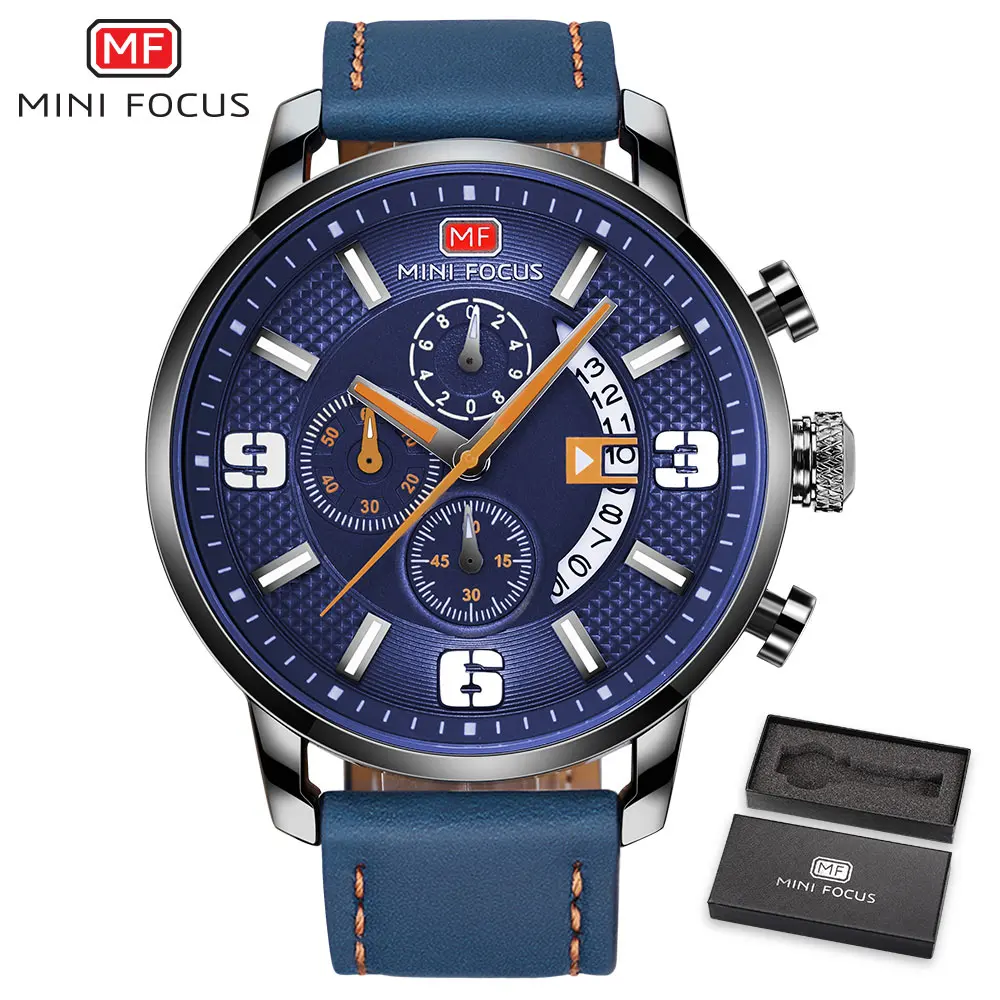 Blue With Box MINIFOCUS синие спортивные мужские часы кожаные водонепроницаемые кварцевые наручные часы для мужчин модные армейские военные часы мужские - Цвет: Blue With Box