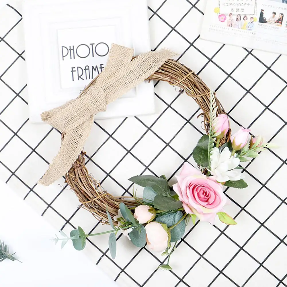 

TPFOCUS Simulate Rose Wreath with Linen Cloth Bowknot for Wedding Home Decoration