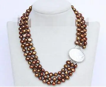 

Free Shipping>> new hot Baroque 16"-18" 3row 9mm coffee pearls necklace seashell clasp j10089