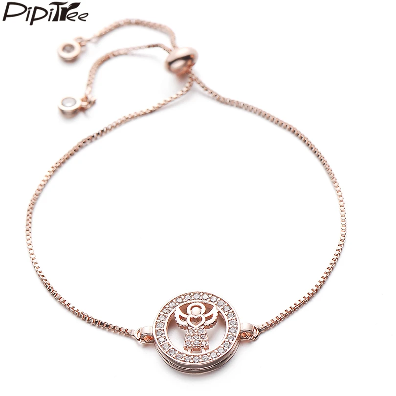 

Pipitree Cubic Zirconia Angel Charm Bracelet with CZ Stones on Border Adjustable Chain Rose Gold Color Bracelets Women Jewelry