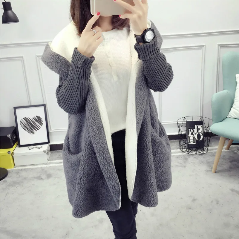 

Autumn Winter Outerwear Women Sweater Cardigan Medium-long Loose Sweaters Coat Hooded LambWool Covered Button Knit Female Pocket