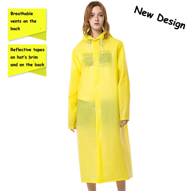 Многофункциональный биоразлагаемый водонепроницаемый упаковочный прозрачный длинный толстый пластиковый дождевик с капюшоном многоразовый со светоотражающей лентой - Цвет: Yellow