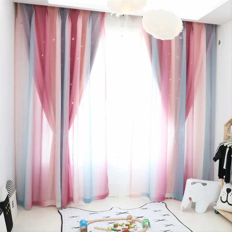 Градиент Полосатый фатин и Твердые Полые шторы со звездами для гостиной, спальни, принцессы, на окно, толстая затеняющая занавеска, драпированная ткань