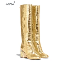 New European and American Golden Plating and Sleeve Walking Show Brand Mid-barrel Boots Fashionable Crocodile-grain Women's Boot