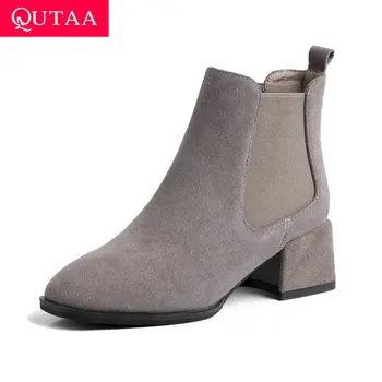 

QUTAA 2020 New Autumn Winter Square Low Heel Warm Fur Women Shoes Cow Leather Retro Square Toe Concise Ankle Boots Size 34-39