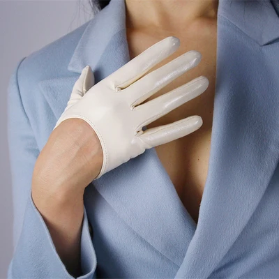 gloves length 13cm Яркие лакированные женские кожаные перчатки имитация кожи полиуретановые перчатки Женские Ретро Элегантные шелковистые подкладка сексуальные перчатки варежки бежевый - Цвет: gloves length 13cm