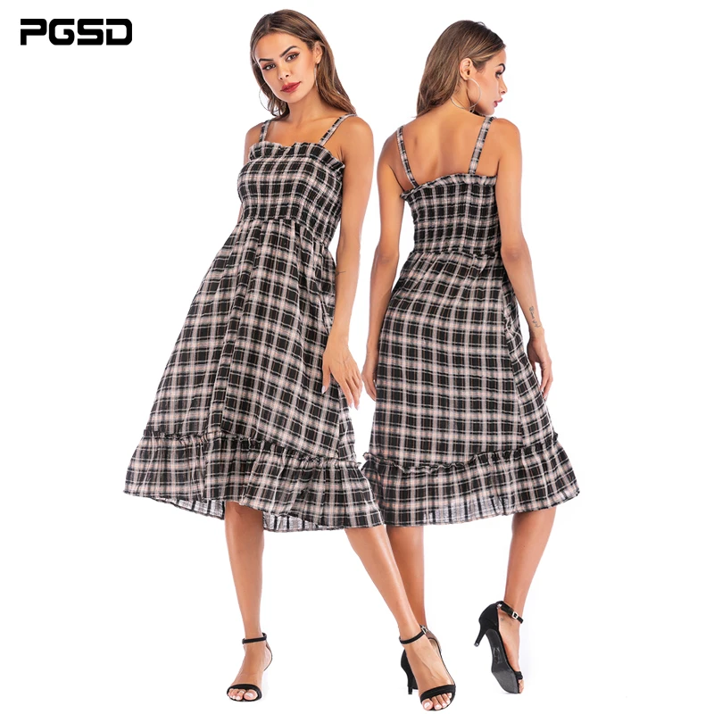 

PGSD 2019 Summer Retro style lattice Press fold High waist Lotus leaf side sling mid-length dress female Fashion women clothes