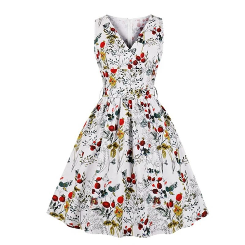 

Print Vintage Summer Hepburn Dresses Women elegant Sleeveless V-Neck Fashion Casual party midi Dress ladies A-Line Vestidos Robe