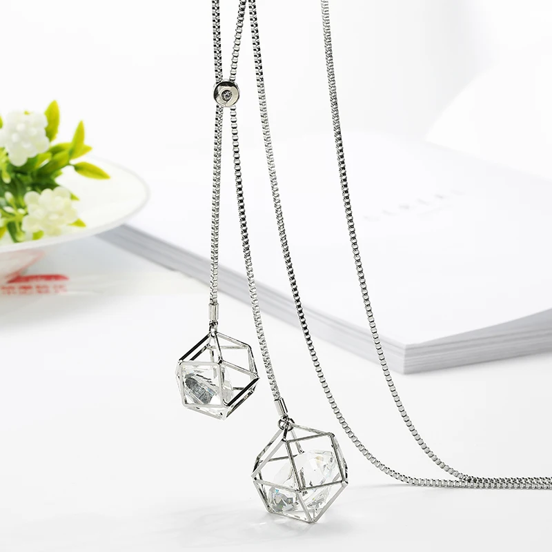 

Clear Crystal Cube Geometric Pendant Necklace Big Crystal Long Sweater Necklace For Women Statement Jewelry Party Wedding Wear