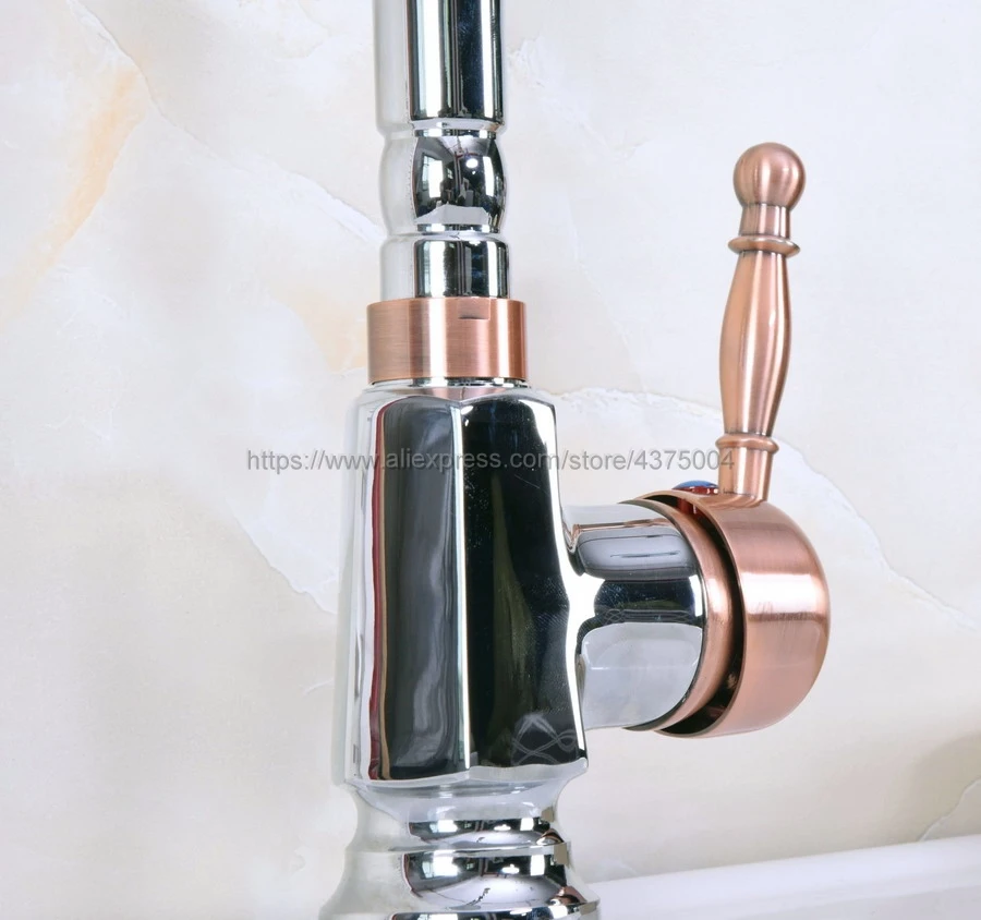 Bathroom Sink Faucet Polished Chrome And Red Copper 360 Rotable Basin Faucet Water Tap Single Handle Cold and Hot Water Nnf916
