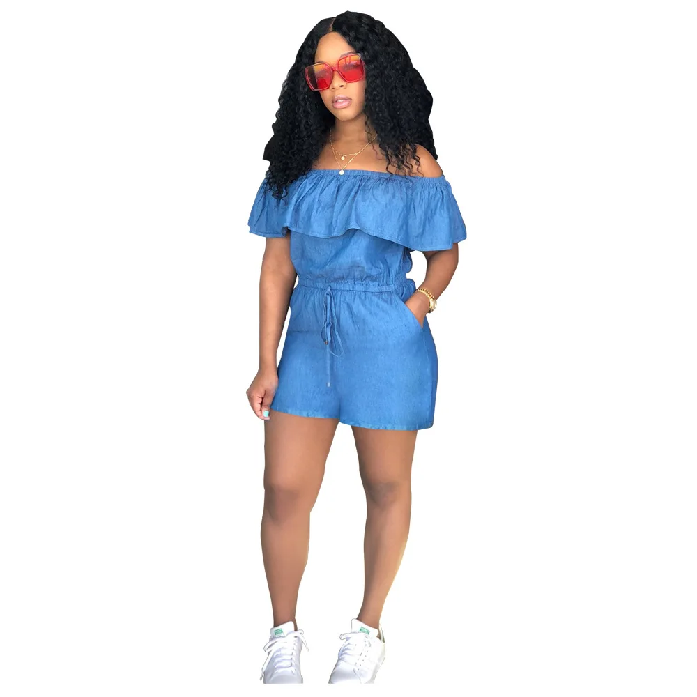 Overalls Shorts Jumpsuit 2018 Summer Fashion Casual Jumpsuits Jeans Slash Neck Ruffles Women Jumpsuit Denim Rompers Girls Female