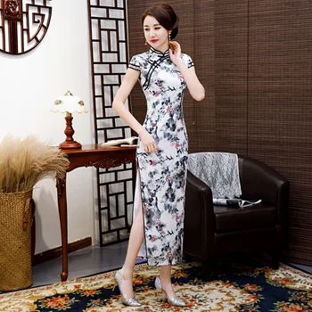 

Summer New Vintage Flower Women Qipao Chinese Traditional Sexy Slim Long Cheongsam Satin Evening Party Dress Plus Size 4XL