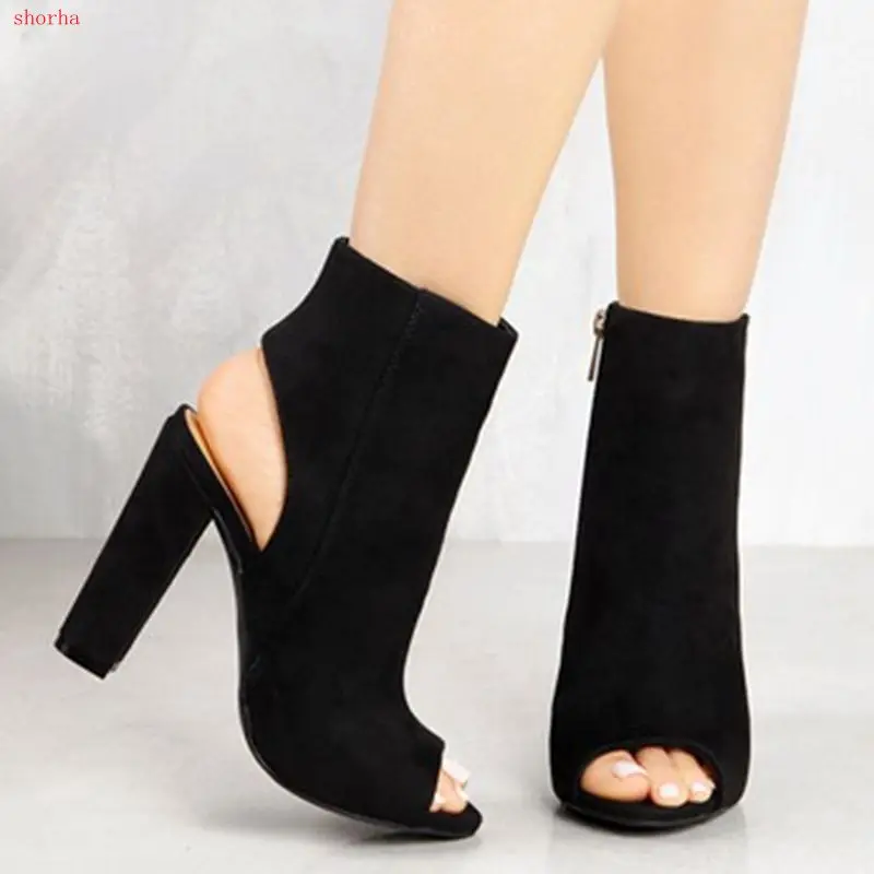 

Women's sandals Black Ankle Boots Faux Suede Leather Casual Open Peep Toe High Heels Zipper Fashion Square Rubber Black Shoes Fo