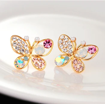 

New Korean Luxury Hollow Shiny Colorful cystal Simulated Pearl Butterfly Stud Earrings E3266