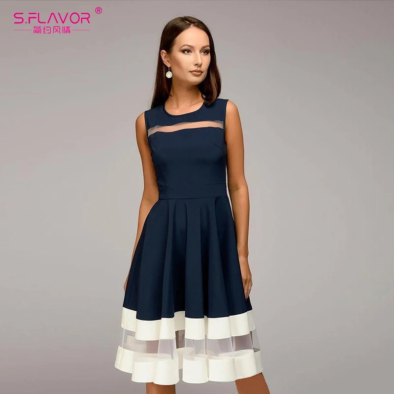 

S.FLAVOR women Sleeveless fashion A-line Vestidos slim O-neck sexy dress vintage elegant party dress for female