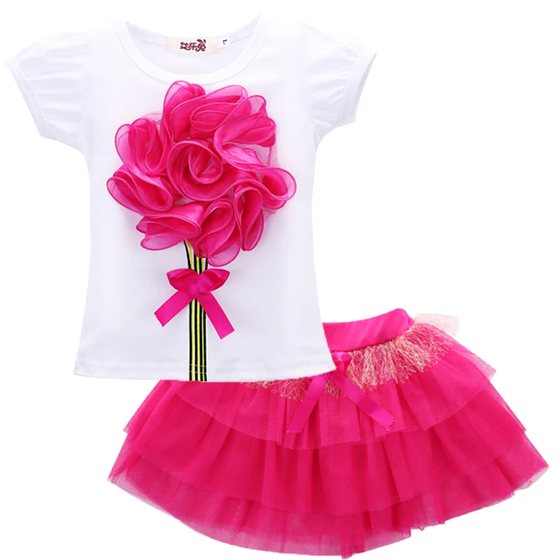 

Children's suit girls fashion bud silk joining together fly sleeve hollow gauze T-shirt+tutu skirt suit costume girls suits