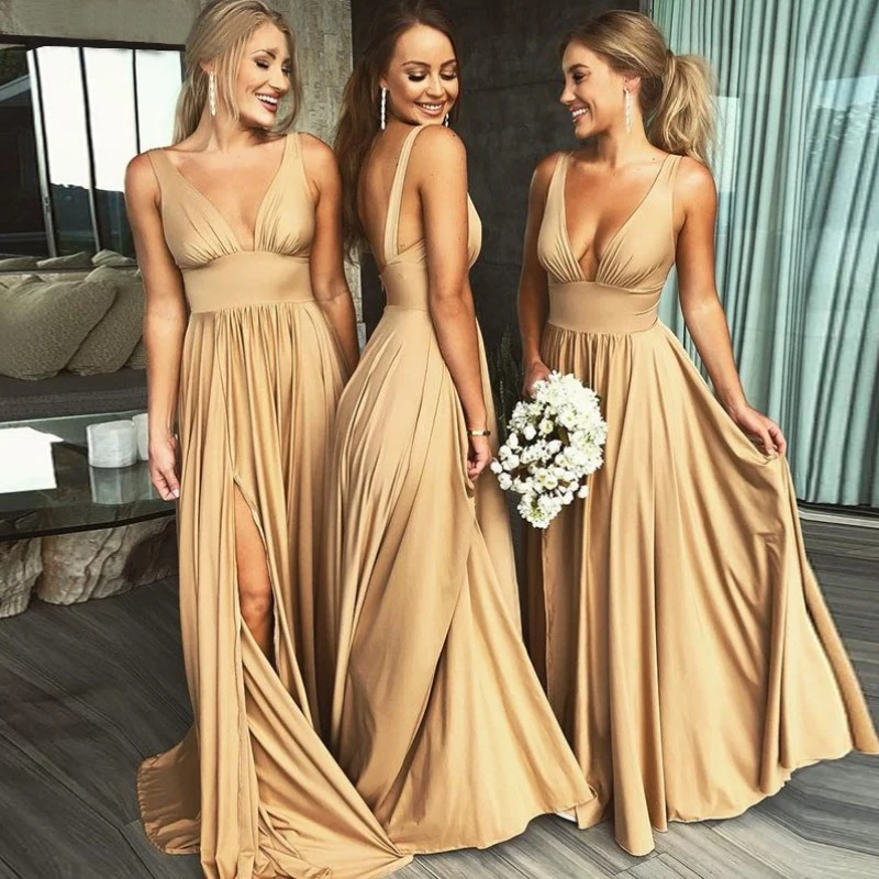 

Babyonline Sexy V Neck Champagne Gold Long Bridesmaid Dresses 2019 Side Split Custom Made Wedding Party Dress vestido longo