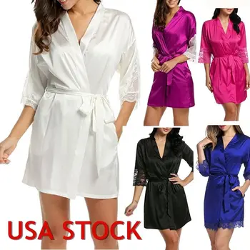 

2019 Women's Oblique V-Neck Bathrobes Short Kimono Robe Sleepwear Sexy Bandage Silky Lace Lingerie