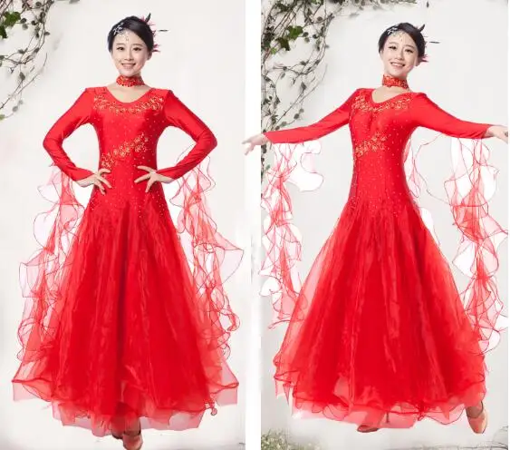 Бальное платье со стразами Венский стандартный бальный зал плюс размер Бальные Танцевальные платья костюмы для танго - Цвет: Красный