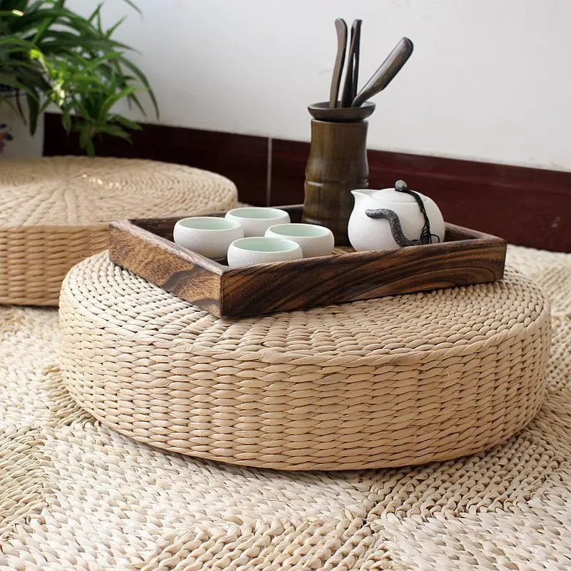 4size Hot Round Pouf Tatami Cushion Floor Cushions Natural Straw Meditation Mat Yoga Mat Round ...