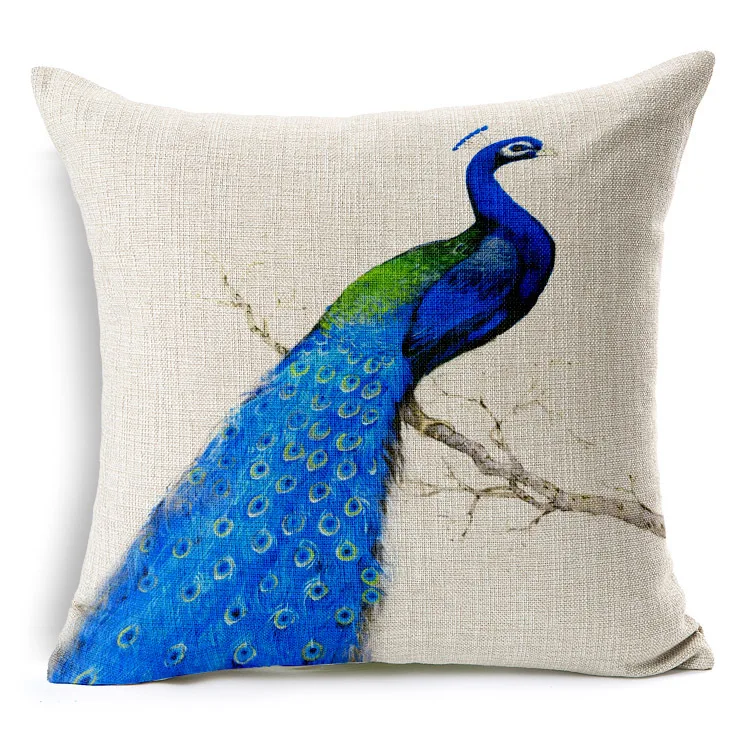 Blue Peacock Linen Cushion Cover Chinese Style Decorative Pillow Covers