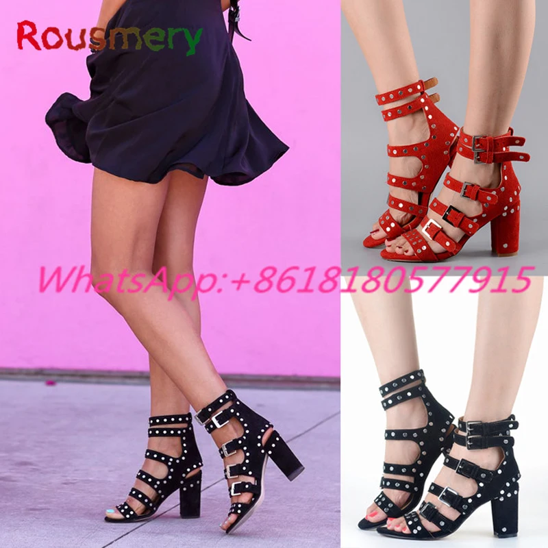 Fashion Party Chunky High Heels Woman Shoes Summer Rivet Rome Style Cover Heel Sandalias Mujer Buckle Strap Tenis Feminino