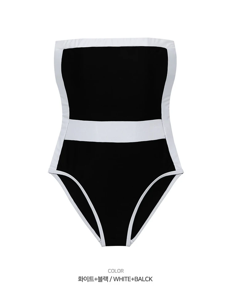 Женский сдельный купальник черный и белый контрастный пляжный костюм на бретельках облегающий купальник купальный костюм
