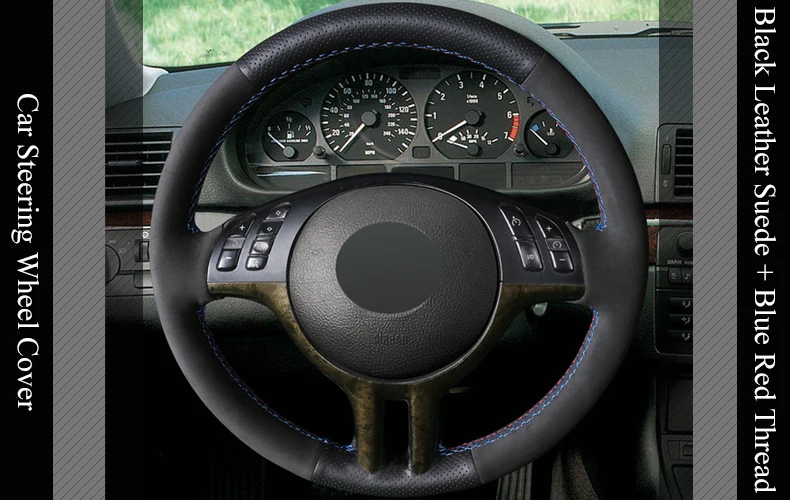 LQTENLEO черная замша натуральная кожа DIY Вручную прошитый рулевого колеса автомобиля крышки для BMW E39 E46 325i E53 X5