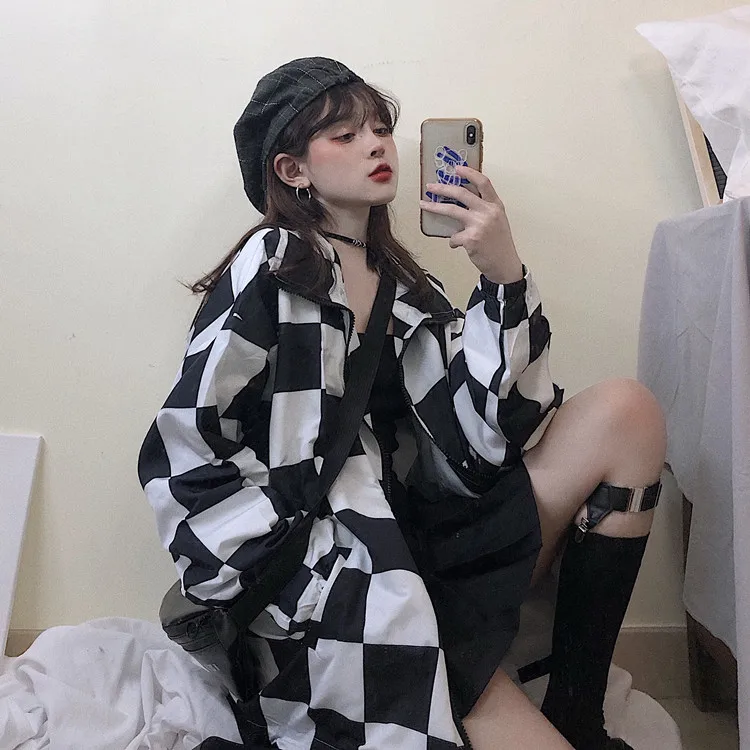 Harajuku клетчатая куртка женская с длинным рукавом Свободная белая черная Шахматная цветная клетчатая модная повседневная куртка унисекс уличная одежда