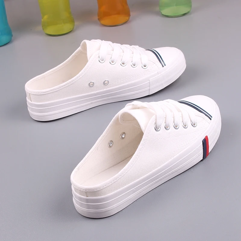 

2018 Summer New Wild Flat Casual Shoes Half Slippers Female Canvas Shoes Without Heel