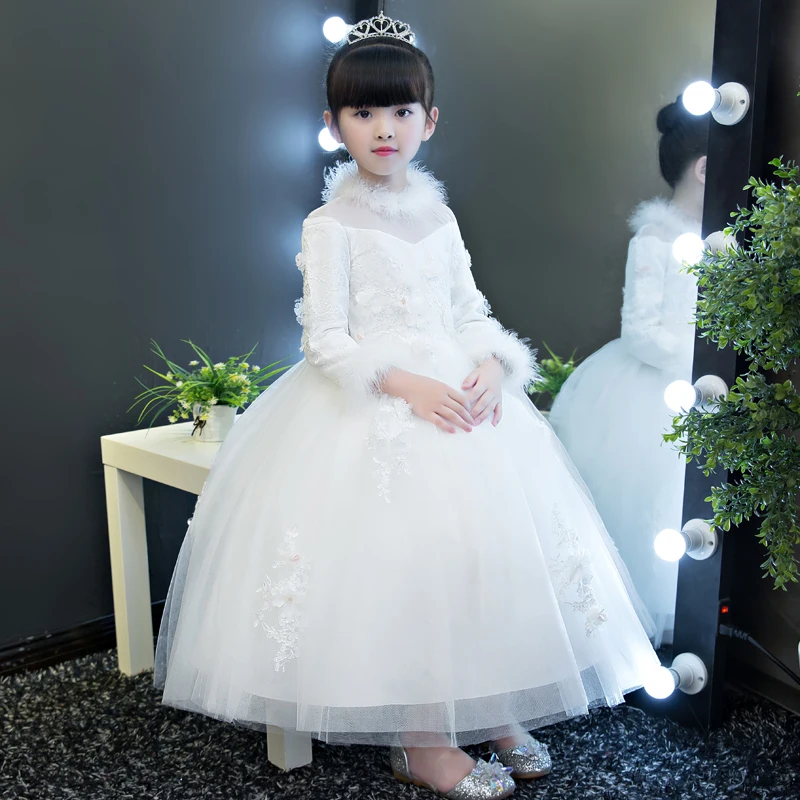 

New Elegant Warm Winter Girls Children Lace Dress Clothes White Dress for Princess Holiday Party Wedding Birthday Long Dress